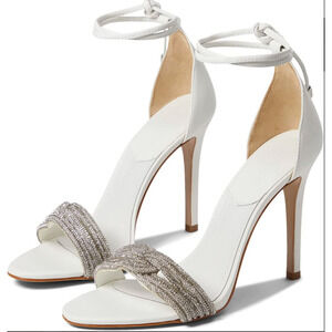 Schutz White Rhinestone Sandal SIZE 8.5 Stiletto Heel Leather Cocktail $158 NEW
